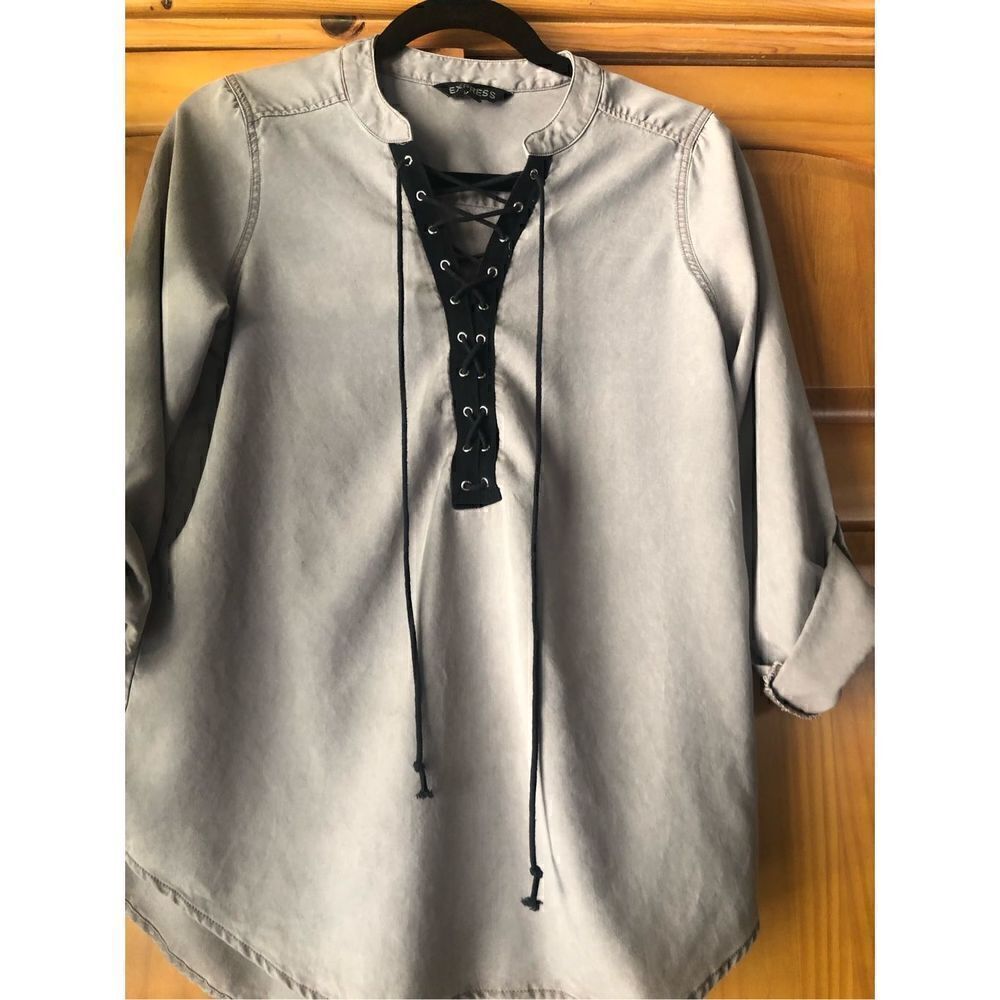Express Womens Gray Lace Up Front Tassel Long Sleeve Shirt Top Size P/S